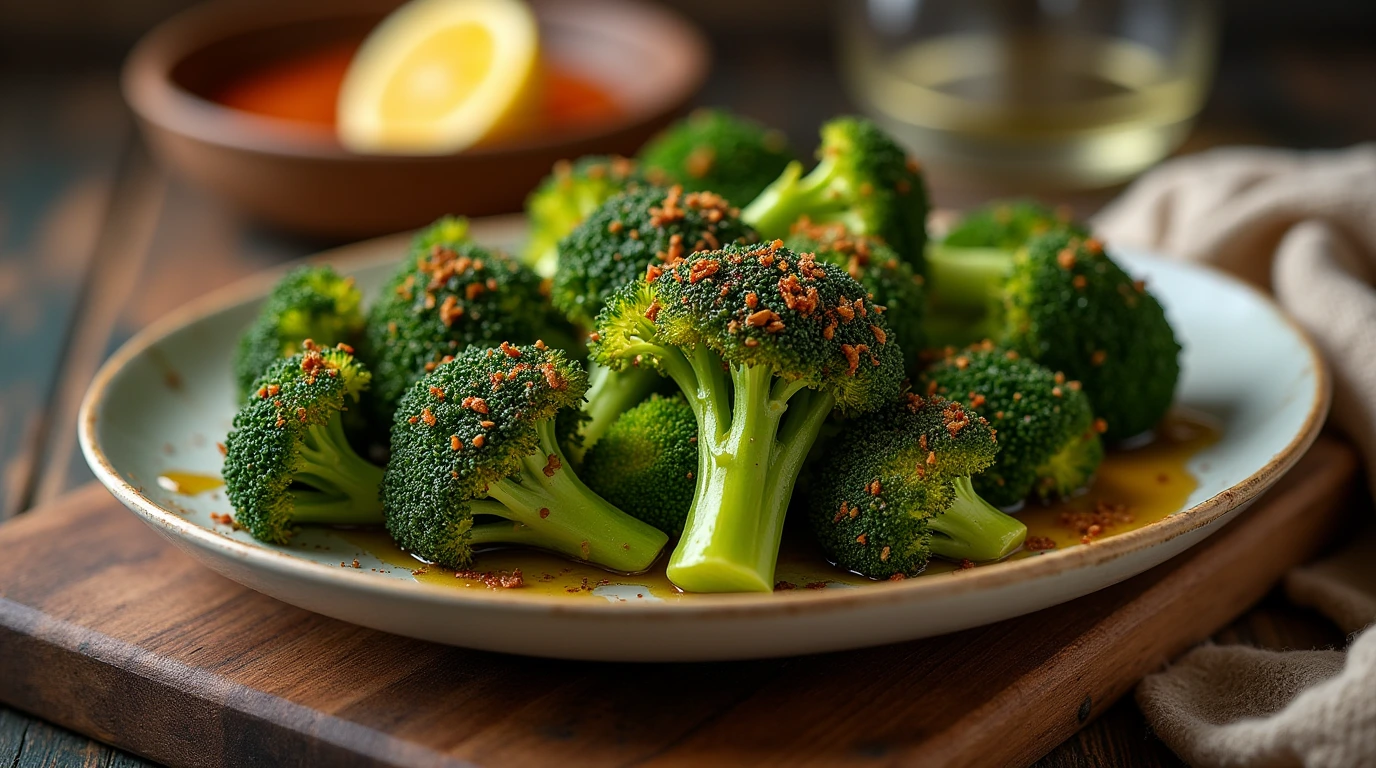 Broccoli (6) Adish of broccoli roasted in the oven with a touch of olive oil and spices like smoked paprika or cumin,