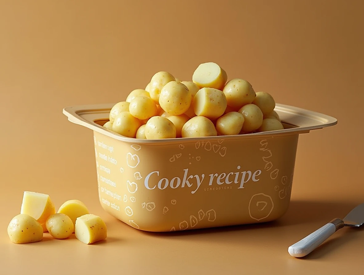Potatoes (3) The Potato : Potatoes cut into small pieces in a large designer container with designer text Cookyrecipe