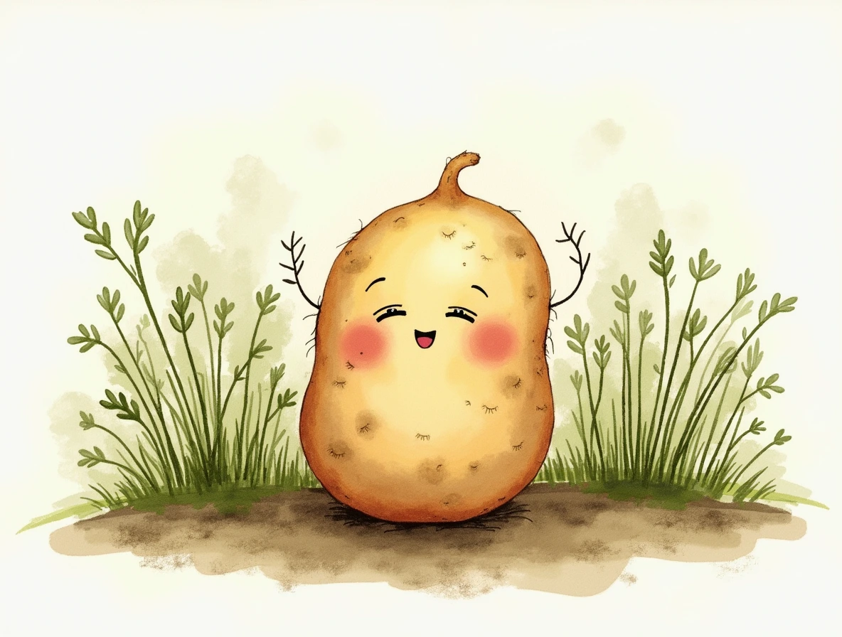 Potatoes (5) Watercolor paper of a smiling potato in the garden.