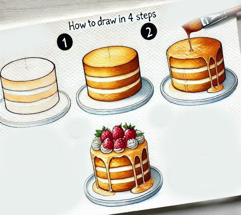 Sketch for Cake Creation _ Cookyrecipe (2) Sketch for Cake Creation in 4 steps