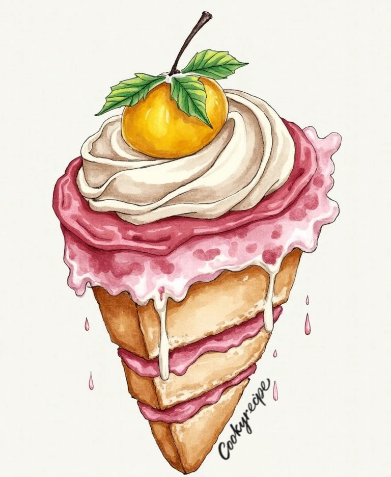 Sketch for Cake Creation _ Cookyrecipe _ (1) Illustration of a cake shaped like an ice cream cone with whipped cream, red fruit sauce, and a yellow fruit on top.