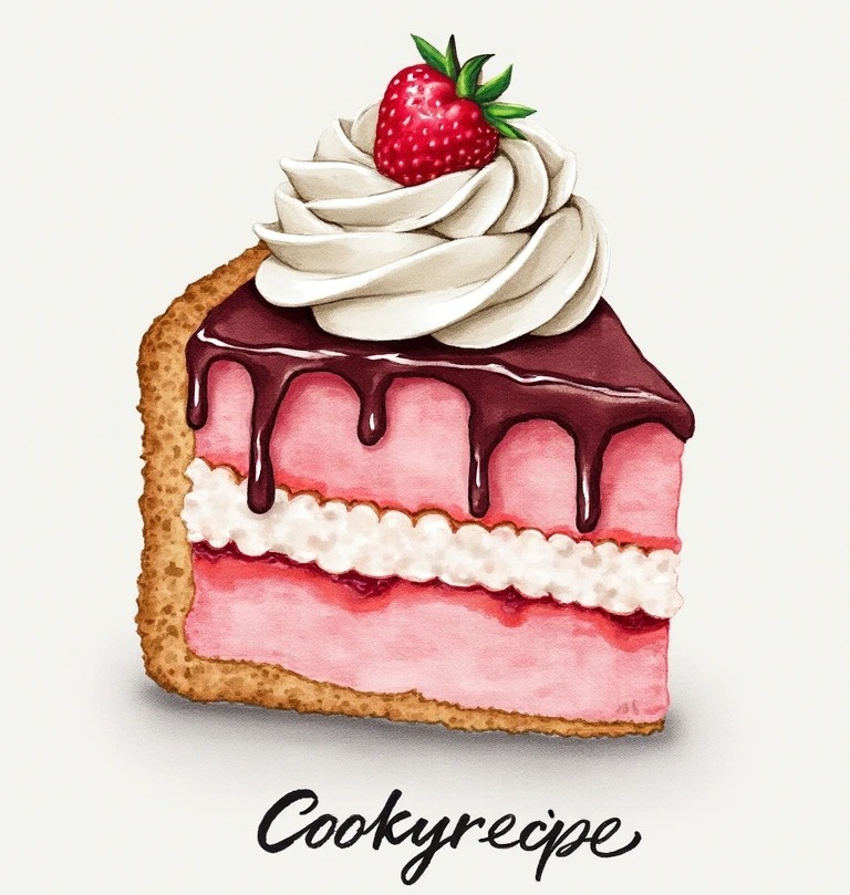 Sketch for Cake Creation _ Cookyrecipe _ (2) Sketch for Cake, Slice of strawberry cake with chocolate glaze and whipped cream.