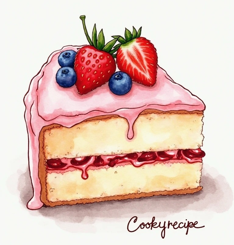 Sketch for Cake Creation _ Cookyrecipe _ (3) Sketch for Cake ,Watercolor drawing of a slice of vanilla cake with pink frosting, topped with strawberries and blueberries.