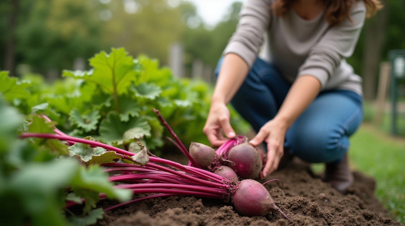 Beets The Beets: A woman harvesting beetroots in a garden.