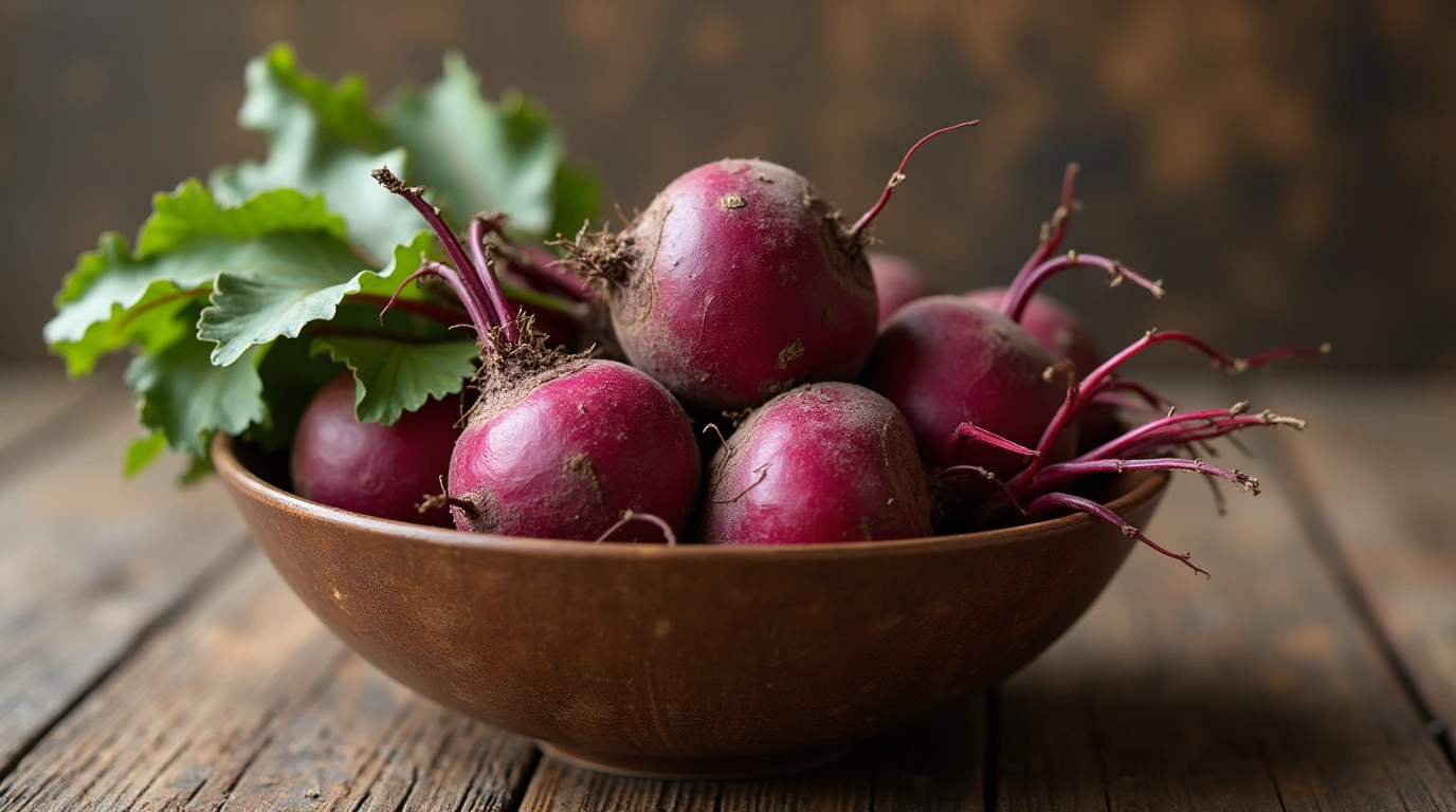 Beets The Beets : A wooden bowl of fresh beetroots with green leaves on a rustic table.