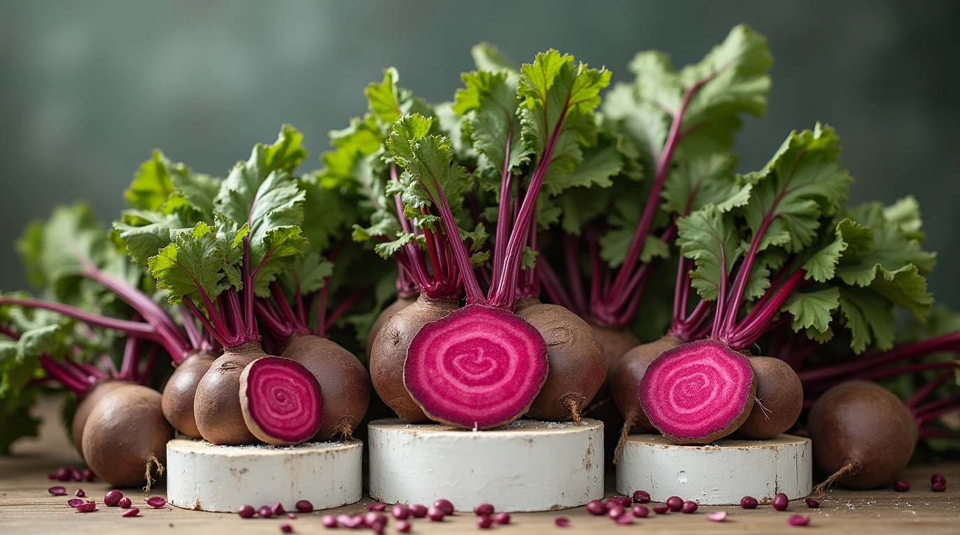 Beets The Beets : Freshly harvested beets with green tops, some sliced to show their vibrant red interior.