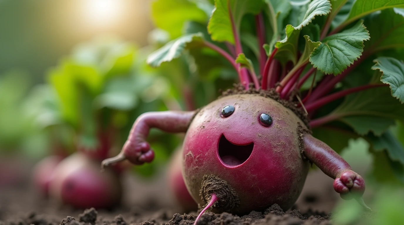 Beets The Beets : Close-up of beetroots growing in the soil with vibrant purple-red roots and green leaves.