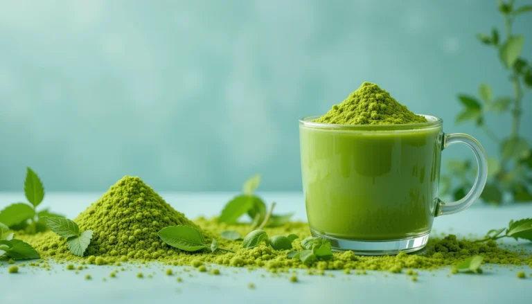 Everything About Matcha, a bright and eye-catching image featuring fresh, vibrant matcha. Include a blend of whole matcha