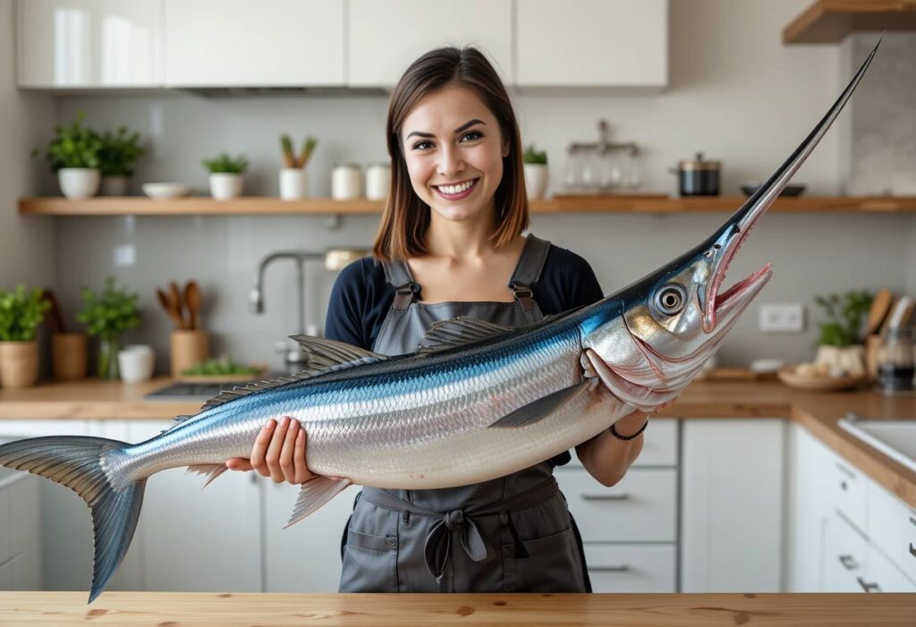 The image shows Chef Mary in a modern kitchen, holding a large swordfish fillet.